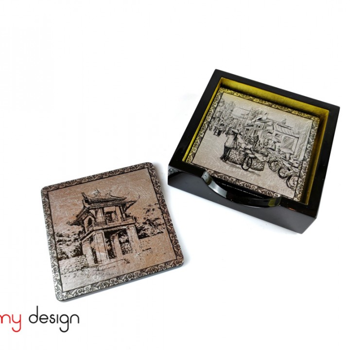 Set of 4 coasters with the sceneries of Hanoi's Old Quarter with box